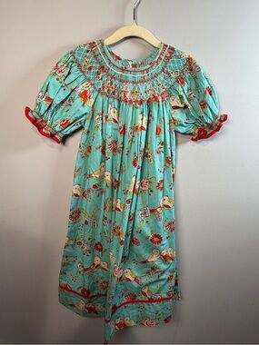 Mom & Me Smocked Puff Sleeve Girls' Dress in Aqua with Floral & Bird Print Sz 5